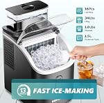 EUHOMY Machine à cubes de glace comptoir avec réservoir d'eau externe, 34Lbs, 16Pcs Prêt 13 Mins, 2 Moyens d'ajouter de l'eau, le nettoyage automatique, avec la glace Scoop & Panier, pour Home/Kitchen/Office/Bar (Noir)
