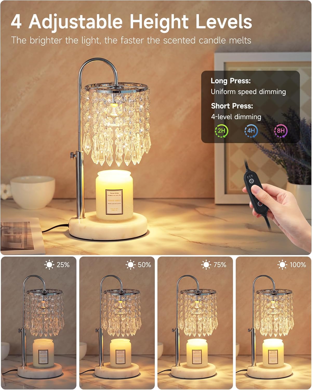 Candle Warmer Lamp with Timer Dimmer and 3 Bulbs, Candle Lamp Warmer with Marble Base for Adjustable Height, Crystal Candle Lamp for Jar Candles, House Warming Gifts Home Room Decor, Silver