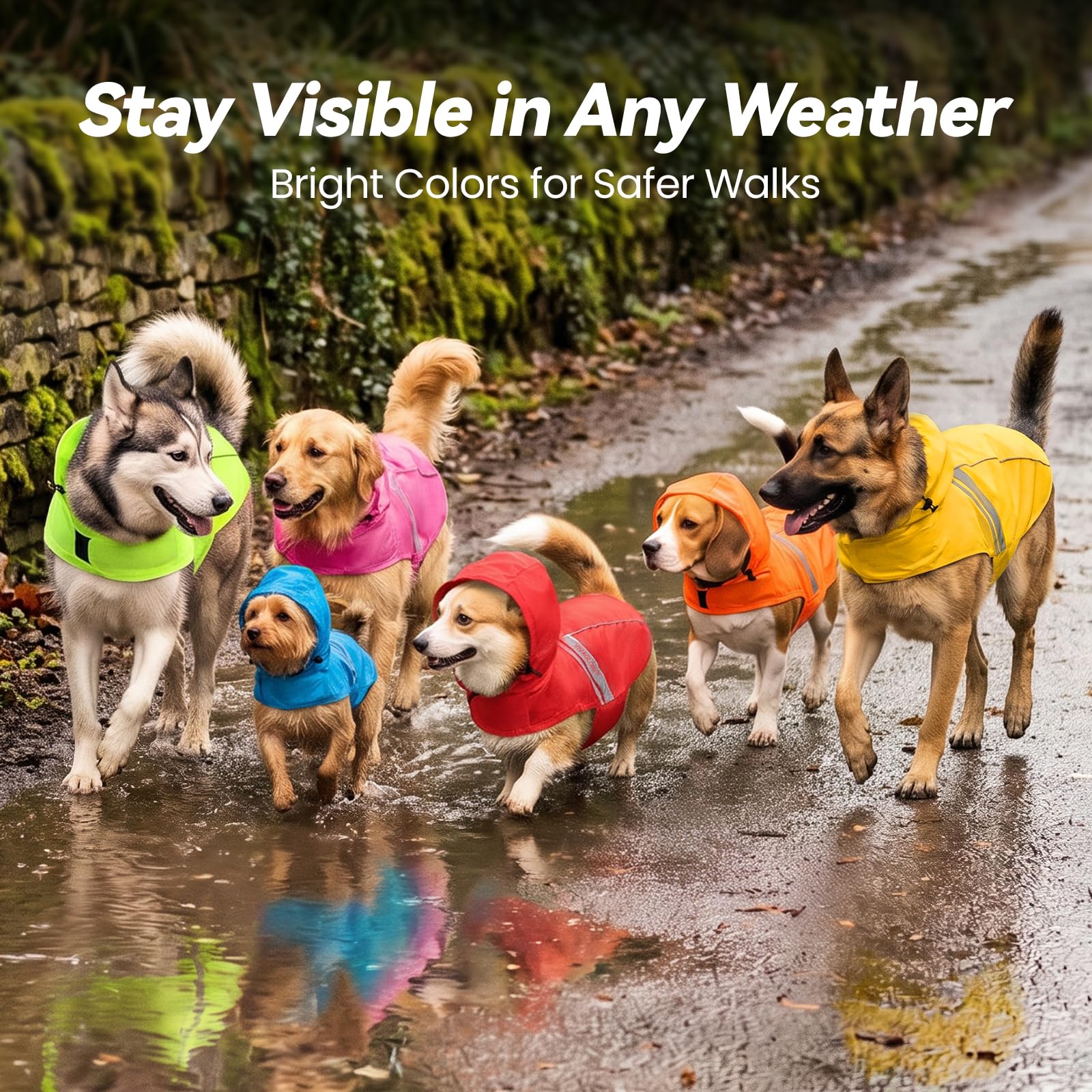 VIVAGLORY Impermeable para Perros Grandes, Fácil de Poner y Quitar, Ropa Reflectante, Ligera y Transpirable, Chaleco de Seguridad, Amarillo Brillante | Chaqueta impermeable con capucha y agujero para arnés, impermeable y ligera para cachorros, perros y ma
