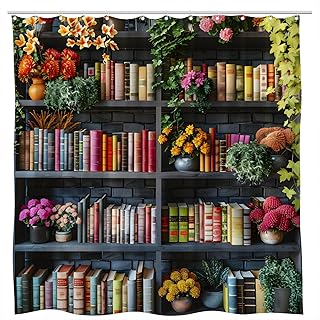 Bookshelf Shower Curtain Flower Library Potted Plant Educational Bookshelves Vintage Bookcase Books Reading Antique Bookworm Readable Bathroom Curtains Set Polyester Fabric with Hooks 70" W x 70" L