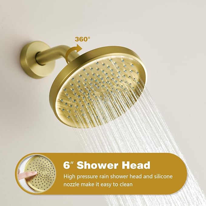 Juego de grifería para ducha Tohlar en acabado dorado cepillado con válvula, cabeza de ducha lluvia de 6 pulgadas | Juego de grifería de alta presión en acero inoxidable y válvula de empotrar para ducha miniatura 3