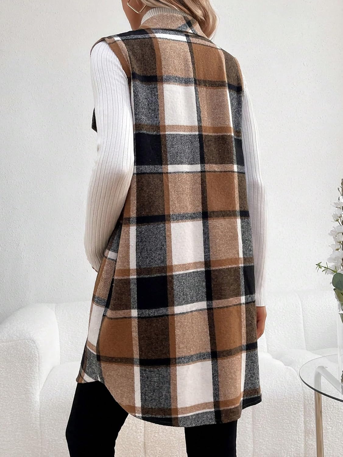 MakeMeChic Women's Maternity Vest Outerwear Plaid Print Collared Button Down Pregnancy Midi Coat