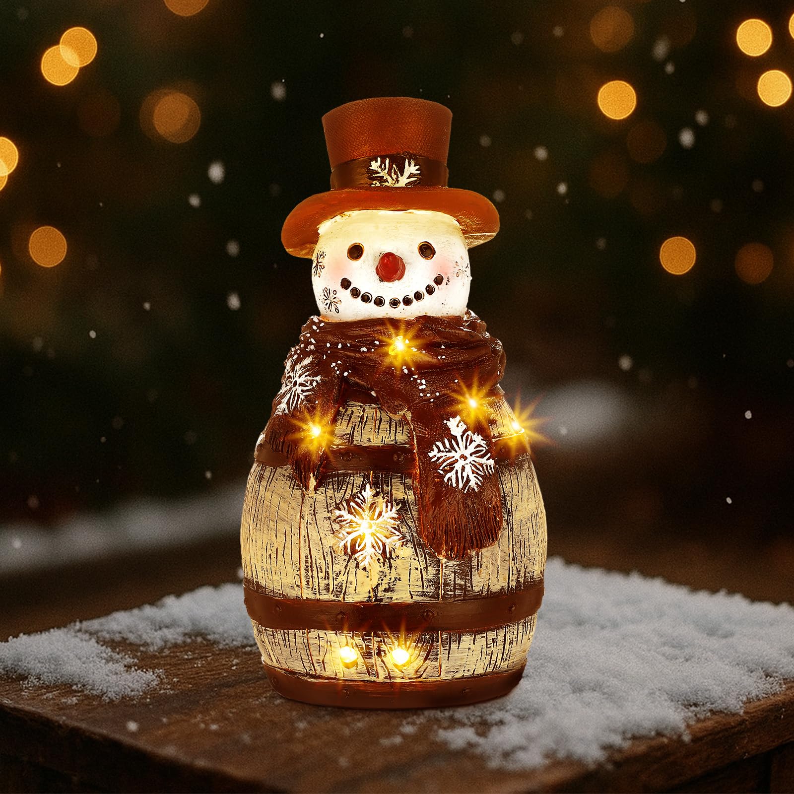 Roowest Muñeco de nieve de 8 pulgadas, decoraciones de resina de invierno con luz vintage, figura de muñeco de nieve de Navidad, estatua de invierno rústica con luces LED, decoración de Navidad retro
