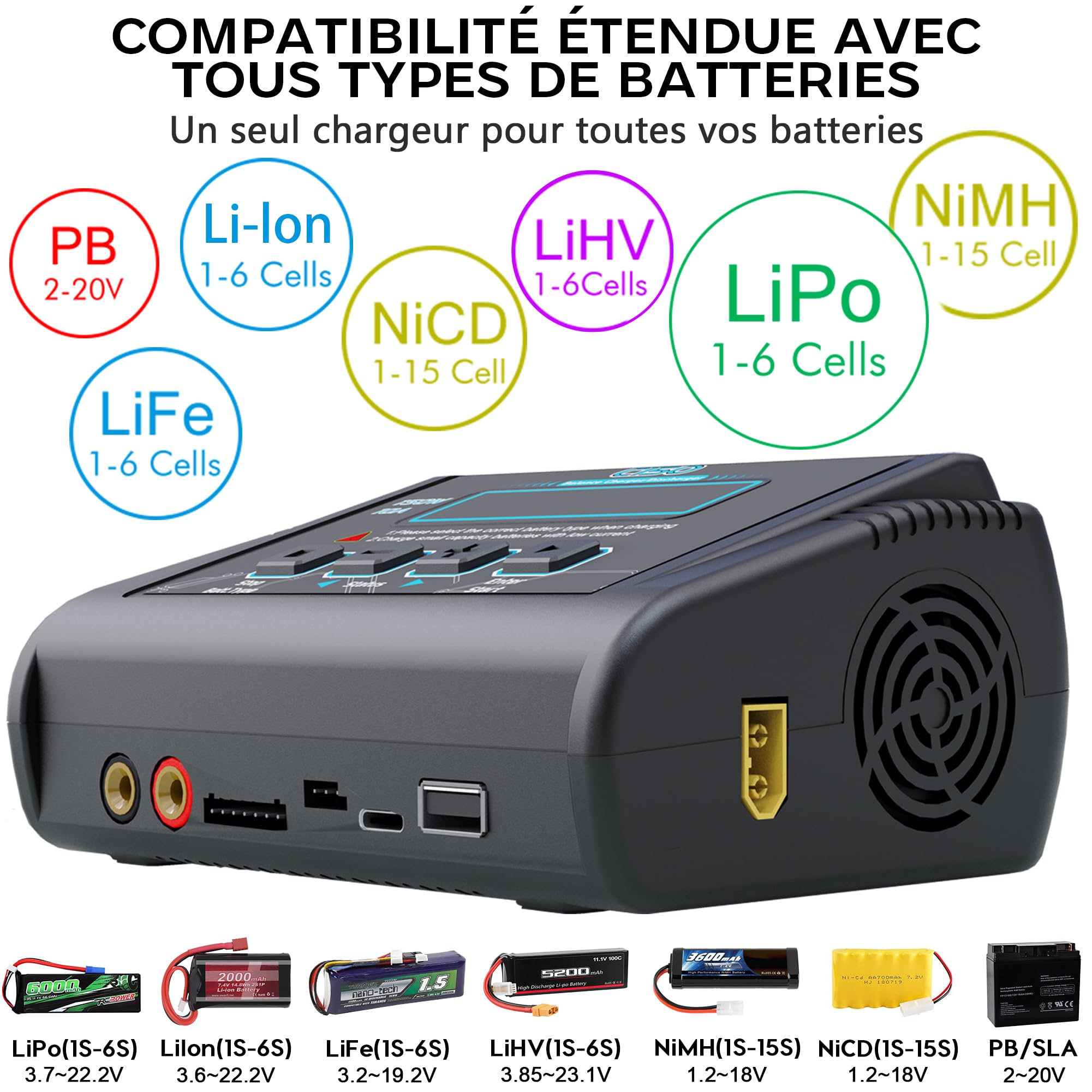 HTRC C150 Chargeur Lipo 150W 10A – Chargeur Batterie Lipo et Équilibreur pour LiHV/LiPo/Li-ION/Life (1-6S), NiMH/NiCd (1-15S), PB (2-20V) – Entrée AC/DC, Écran LCD, 20 Mémoires