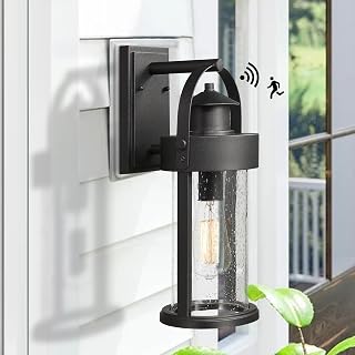 Zeyu Outdoor Wall Light with Motion Sensor, Dusk to Dawn Outdoor Lighting for Porch Doorway, Black Finish with Seeded Glass Shade, 0391-SE BK