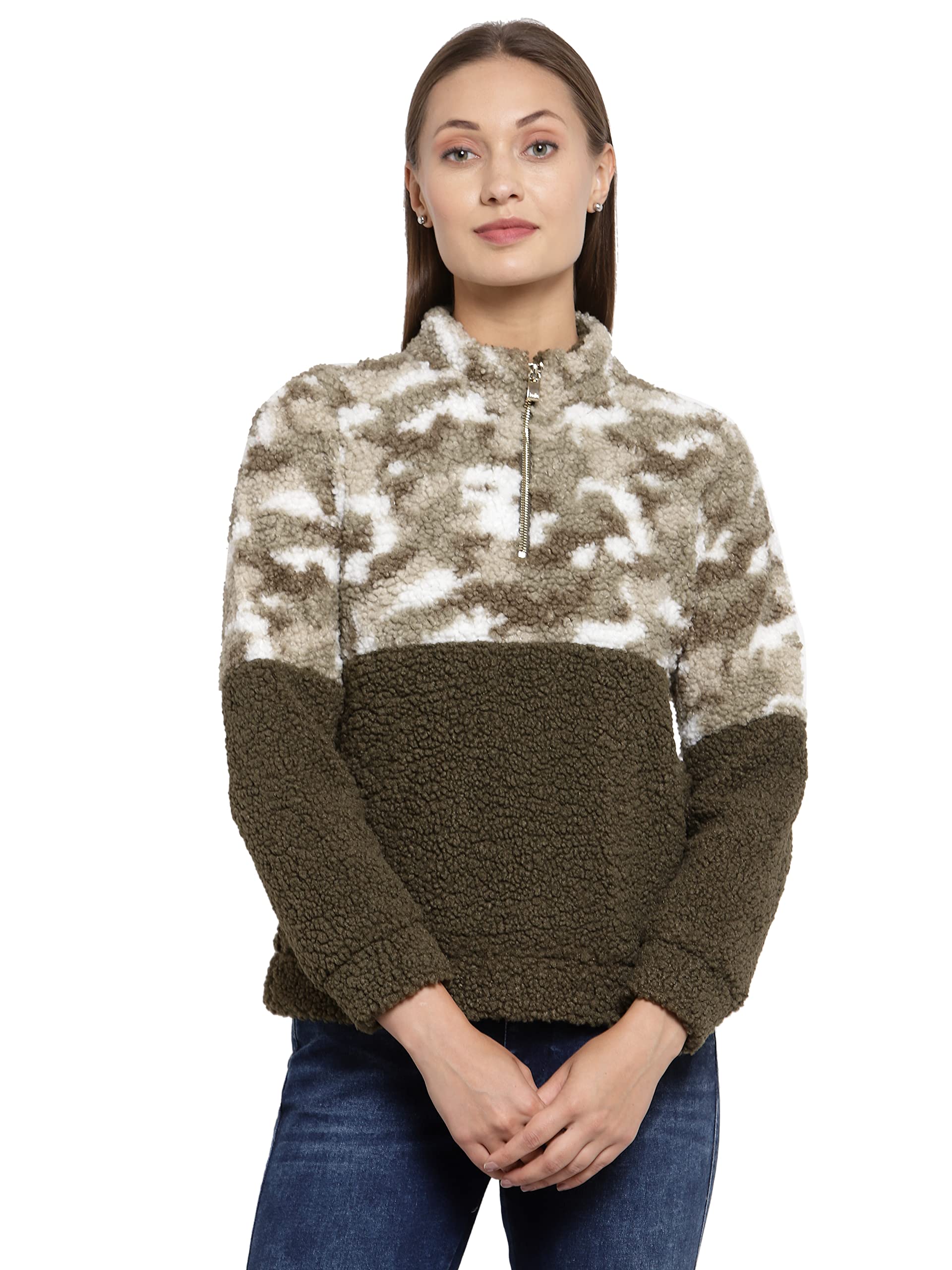 Juelle Women Textured Black High Neck Fleece Sweatshirt