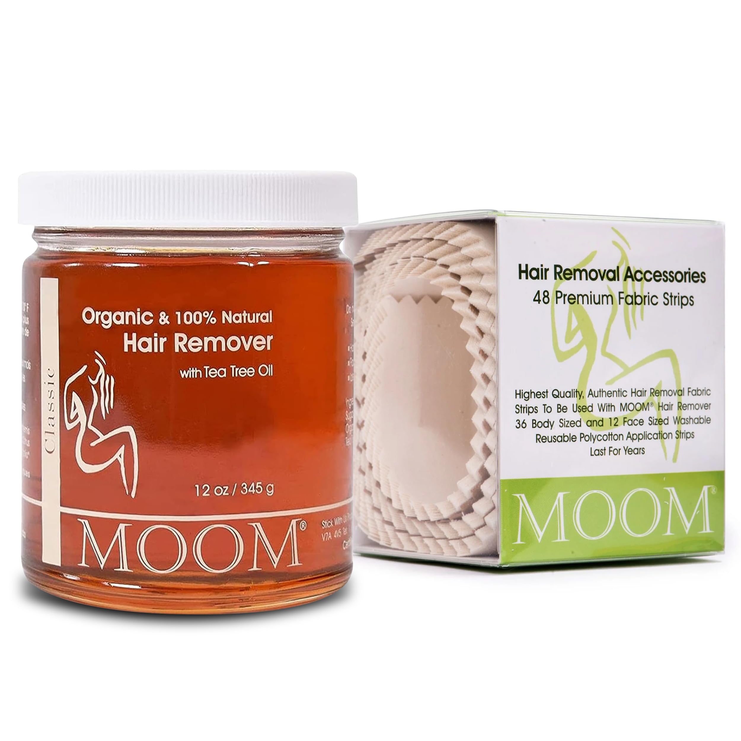 MOOM Starter Waxing Kit - 12 oz Jar of Organic Sugar Wax with Tea Tree Oil for Bikini, Brazilian, Face, Underarms & Legs + 48 Pack of Polycotton Reusable & Washable Hair Removal Strips