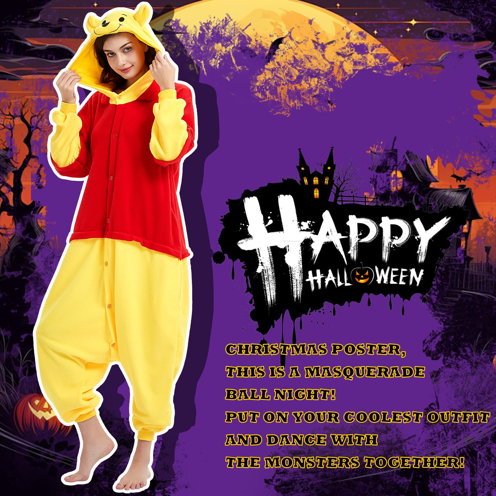 Beauty Shine Unisex Adult Onesie One Piece Pajamas Cosplay Cartoon Costume Halloween Christmas Sleepwear Jumpsuit Homewear: Medium Winnie the Pooh