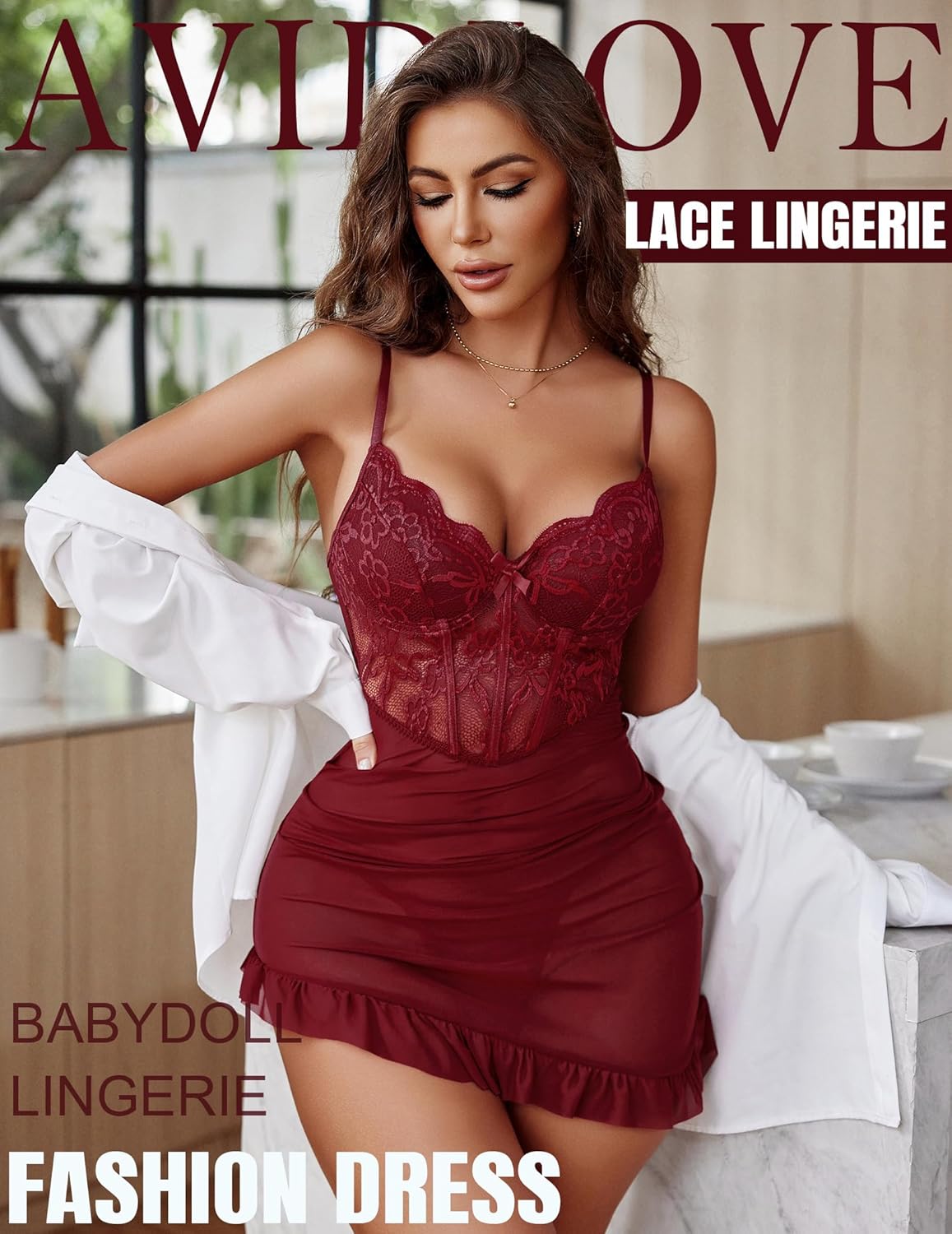 Avidlove Sexy Lingerie for Women Lace Babydoll Dress with Underwire Support Ruffle Hem Hip Chemise Nightgown - Image 3