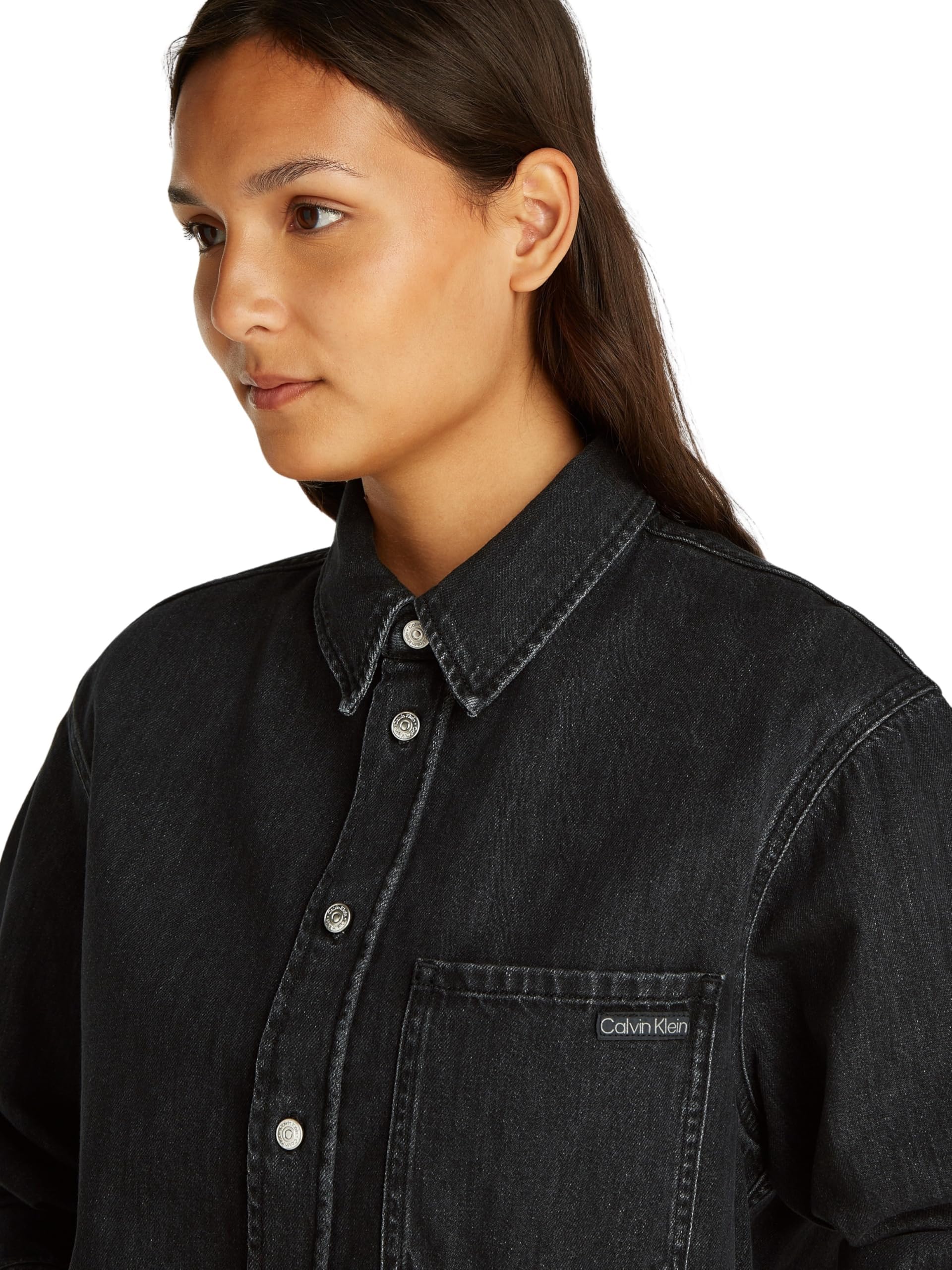 Calvin Klein Damen Jeanshemd Cropped Dad Denim Shirt mit Brusttasche