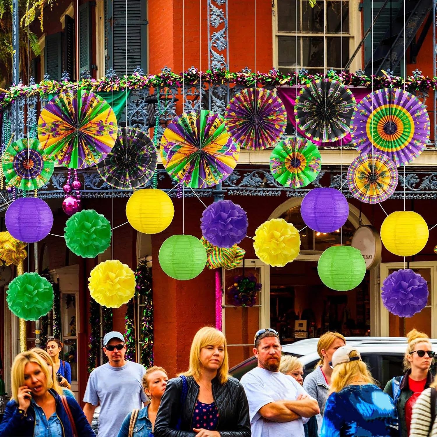 Outus 21 Pcs Mardi Gras Party Decorations Mardi Gras Hanging Paper Lanterns Crown Mask Paper Fans Tissue Pom Poms for New Orleans Fat Tuesday Carnival Hanging Decorations Party Supplies Indoor Outdoor
