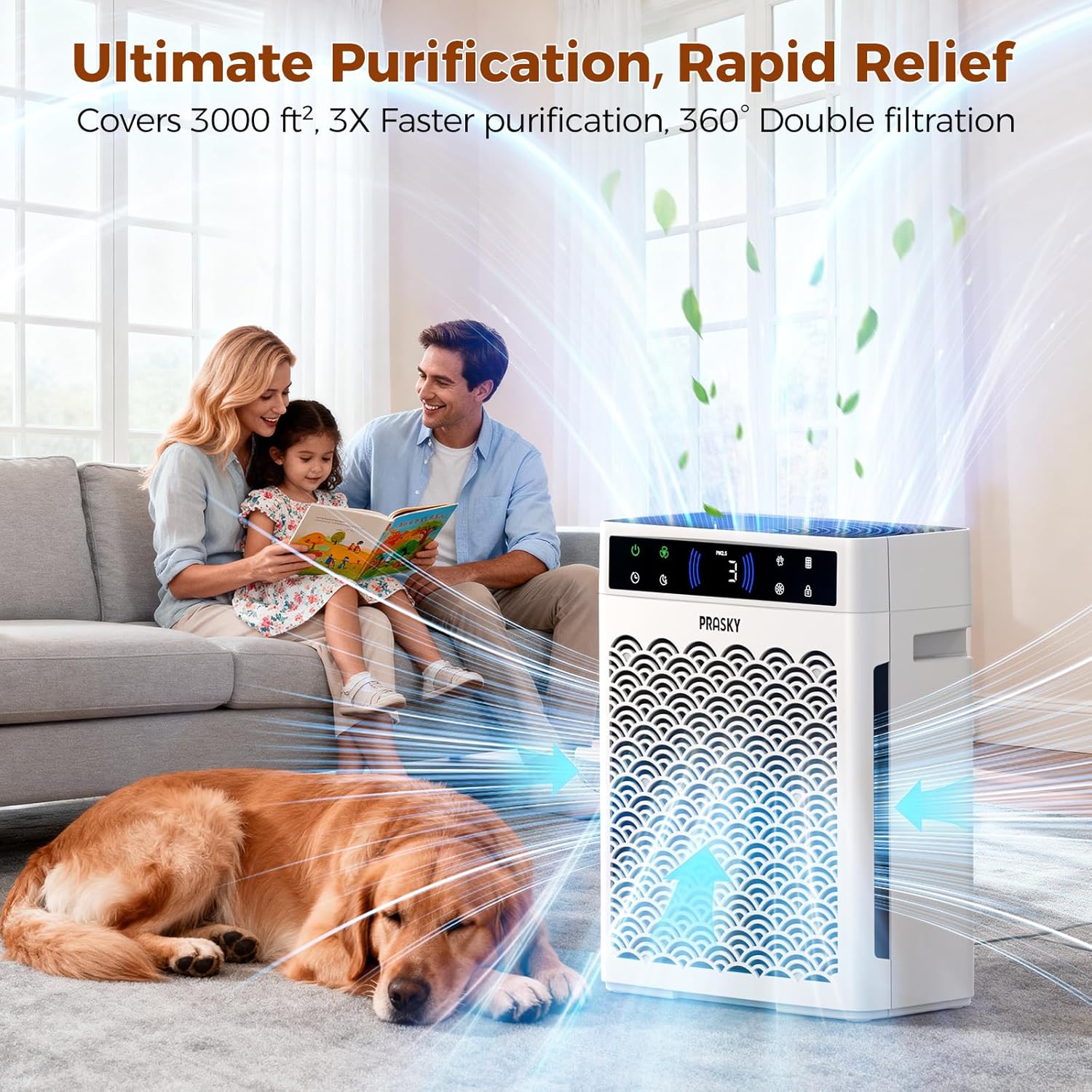 Air Purifiers for Home Large Room up to 3000sq.ft, PRASKY HEPA Air Purifier & with Activated Carbon for Office, Bedroom, Dorm Room, Kitchen