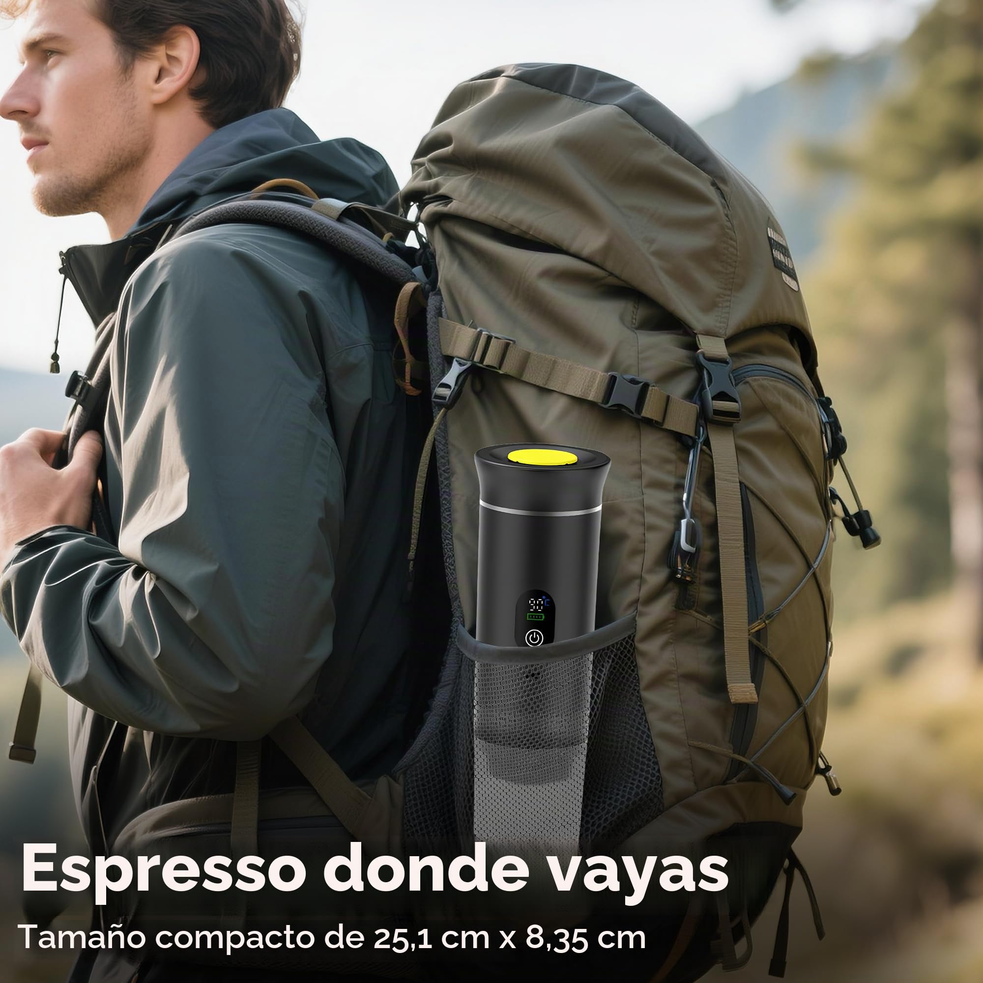 Bostar Máquina de Café Portátil con Pantalla Digital Temperatura, 3 en 1 Cafetera Espresso Eléctrica Portátil Cafetera para Camping Viaje Compatible con Cápsulas Pequeñas Grandes Café Molido-Verde