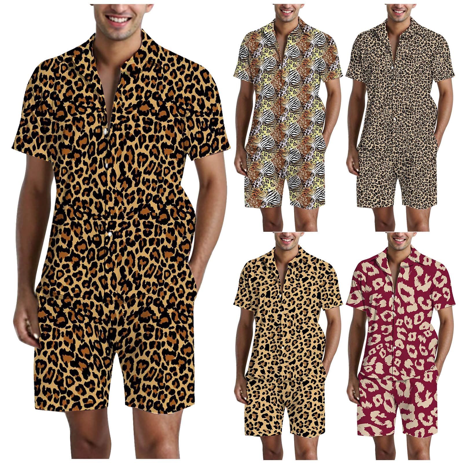 Générique Ensemble imprimé léopard Chemise hawaïenne pour homme Coupe ajustée Pantalon court avec cordon de serrage Short de plage T-shirt et short Ensemble costume