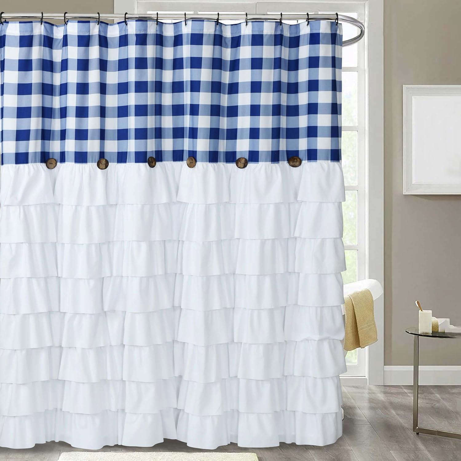Shower Curtains 72 x 72in Farmhouse Ruffled Buffalo Check Shower Curtain with Vintage Coconut Buttons Bathroom Partition Screen Stall Curtain (Blue)