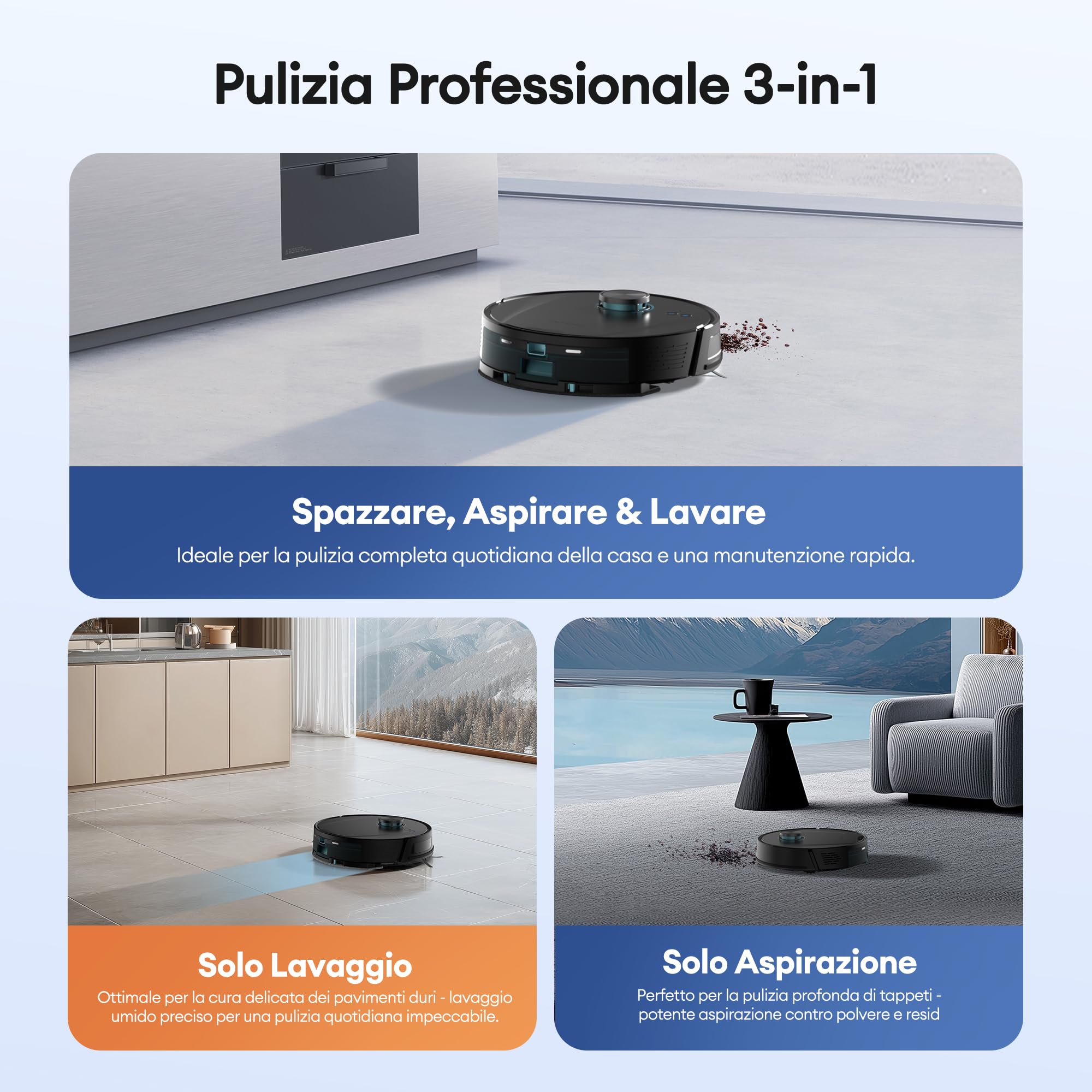 Ultenic T20Pro Robot Aspirapolvere con Laser Lineare Evoluto, Autosvuotamento 10 Settimane, 10000Pa con Boost Automatico Tappeti, Include Detersivo Mughetto, Mappatura LiDAR, Controllo App/Alexa
