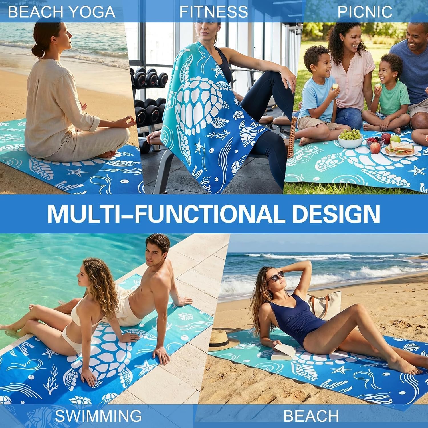 Oversized Beach Towel Thin, Teal Blue Ombré Turtle Marine Organisms Pool Towel, Large Lightweight Sand Free Quick Dry Soft Absorbent Compat Towels for Adult Summer Swim Camping Travel, 35"x71"