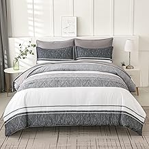 FLYMME Striped Patchwork Bed in a Bag 7 Pieces, Black White Grey Stripe Pattern Queen Size Comforter Set with Sheets, Soft Lightweight Bedding Sets Collections for All Season, (Black 90''x 90'')