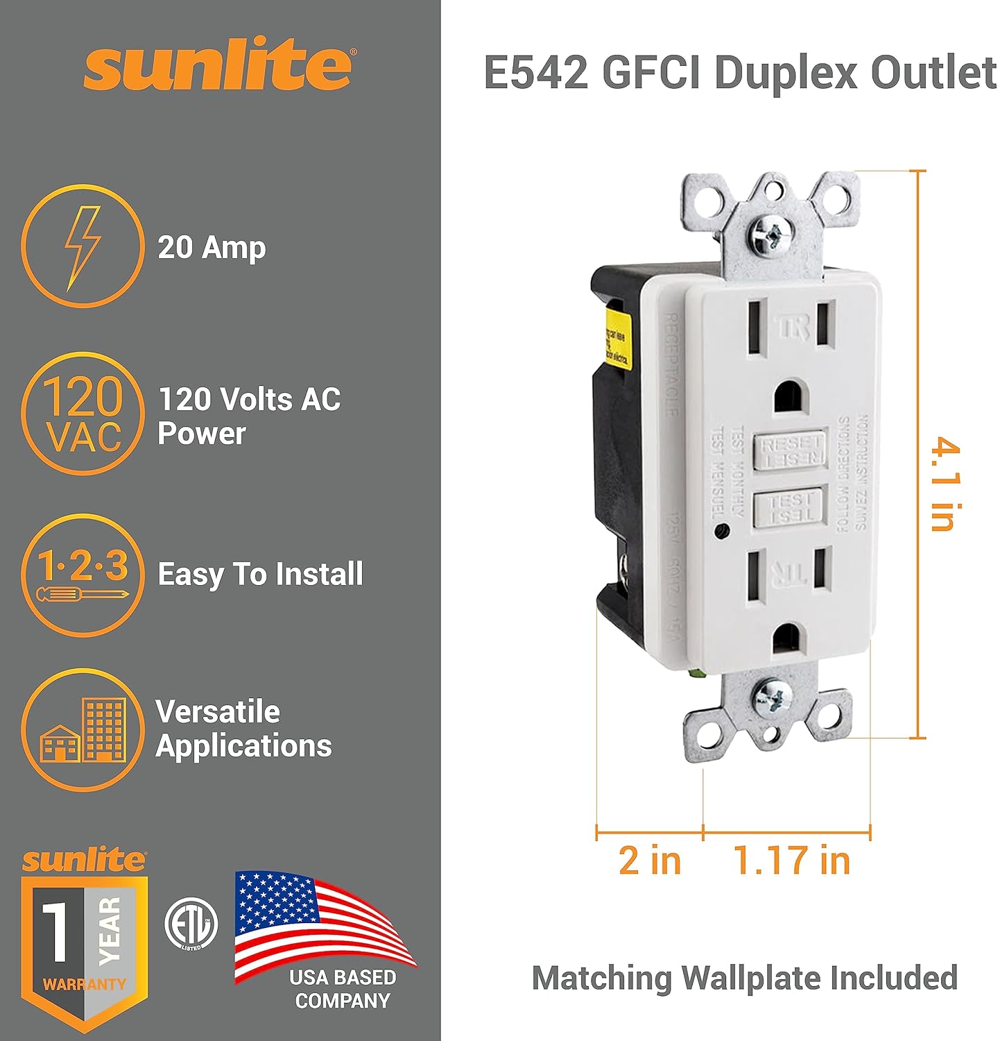 Sunlite 41441 E545 GFCI Duplex Outlet, 20 Amp, 120 VAC, 2 Pole/3 Wire, Tamper Resistant, Matching Wallplate Included, LED Indicator Light, ETL Listed, Self-Testing, White, 3 Pack