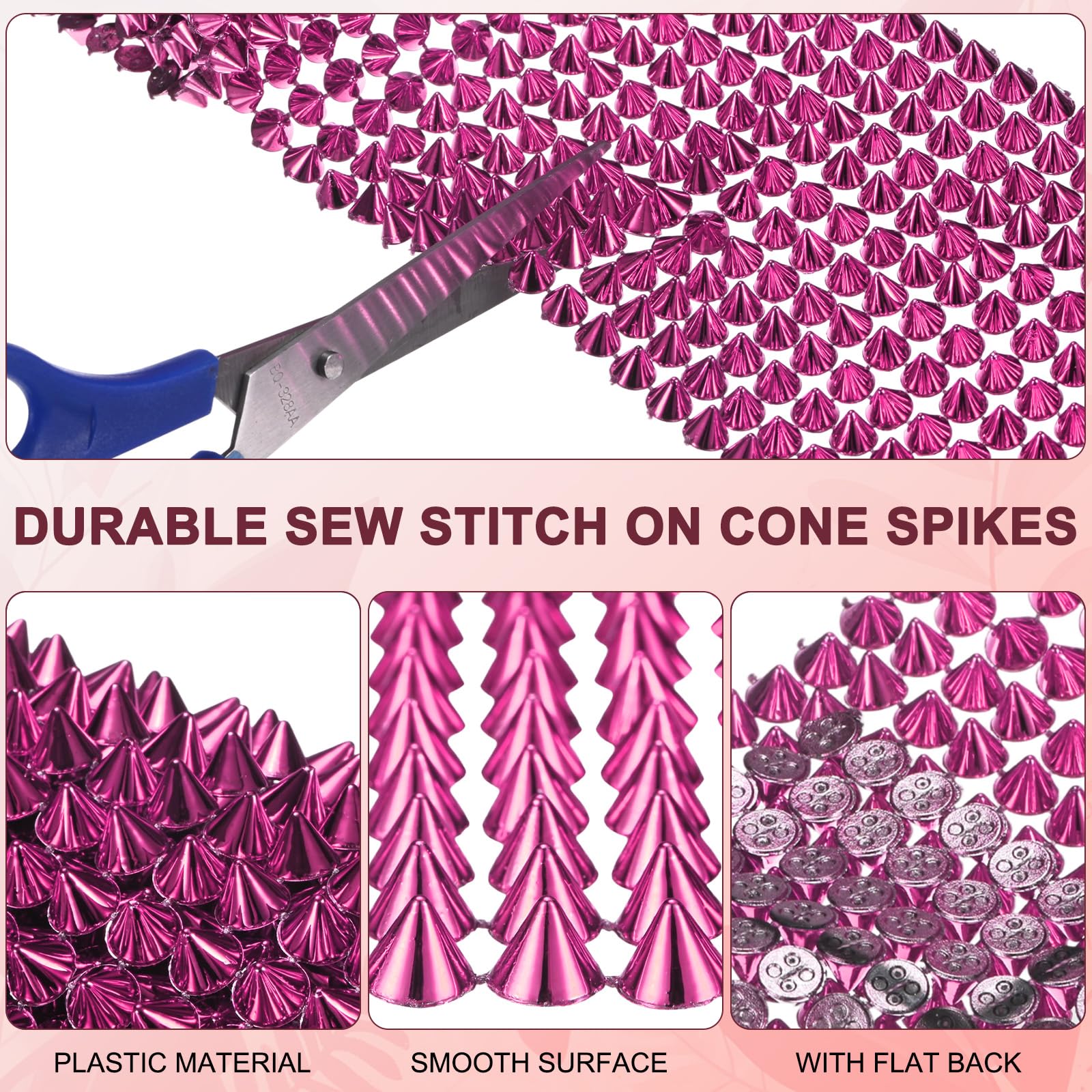M METERXITY 0.5 Yard Sew Stitch on Spikes Stud Cone 12Rows Plastic Rose Red Spike Rivet with Flat Back Punk Rock Trim Mesh Bead for DIY Crafts/Clothes/Shoes/Bags - Image 2