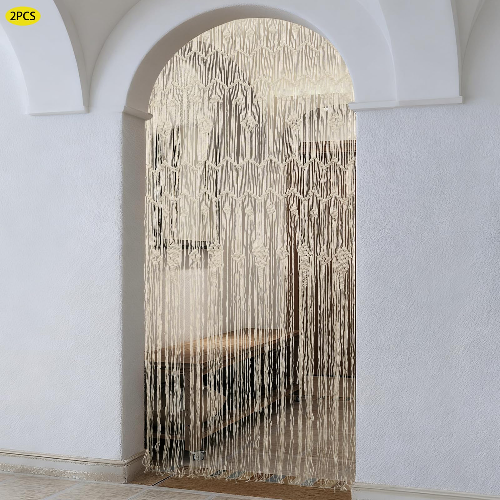 2 unidades de 200 cm borla tejida para colgar en la pared, cortinas tejidas para puertas y ventanas, tapices bohemios, cortinas tejidas a mano, algodón tejido, decoración de pared, adecuado