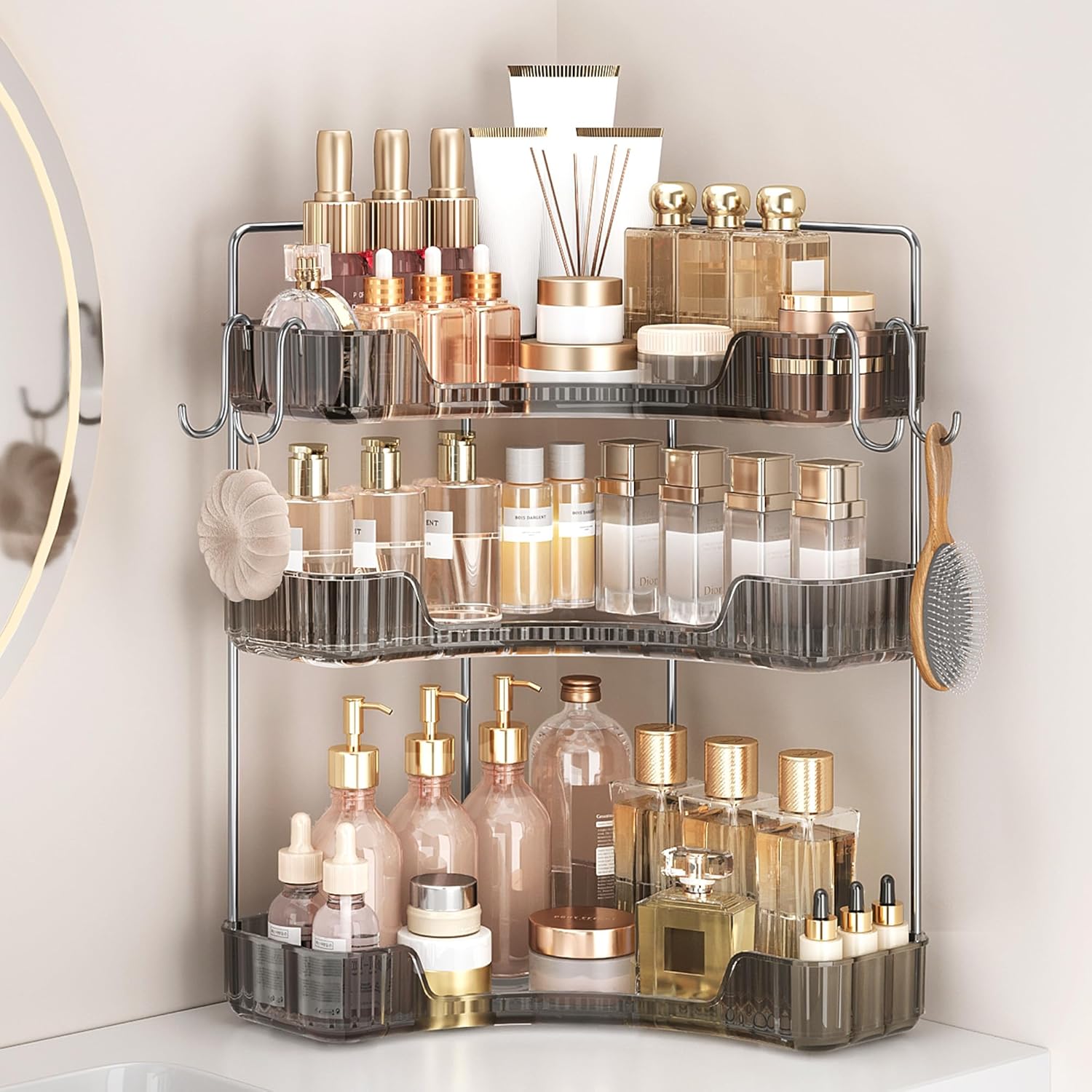 3-Tier Corner Organizer with Hooks, Gray PET Counter Storage | Multi-Purpose for Bathroom Skincare & Kitchen Organization