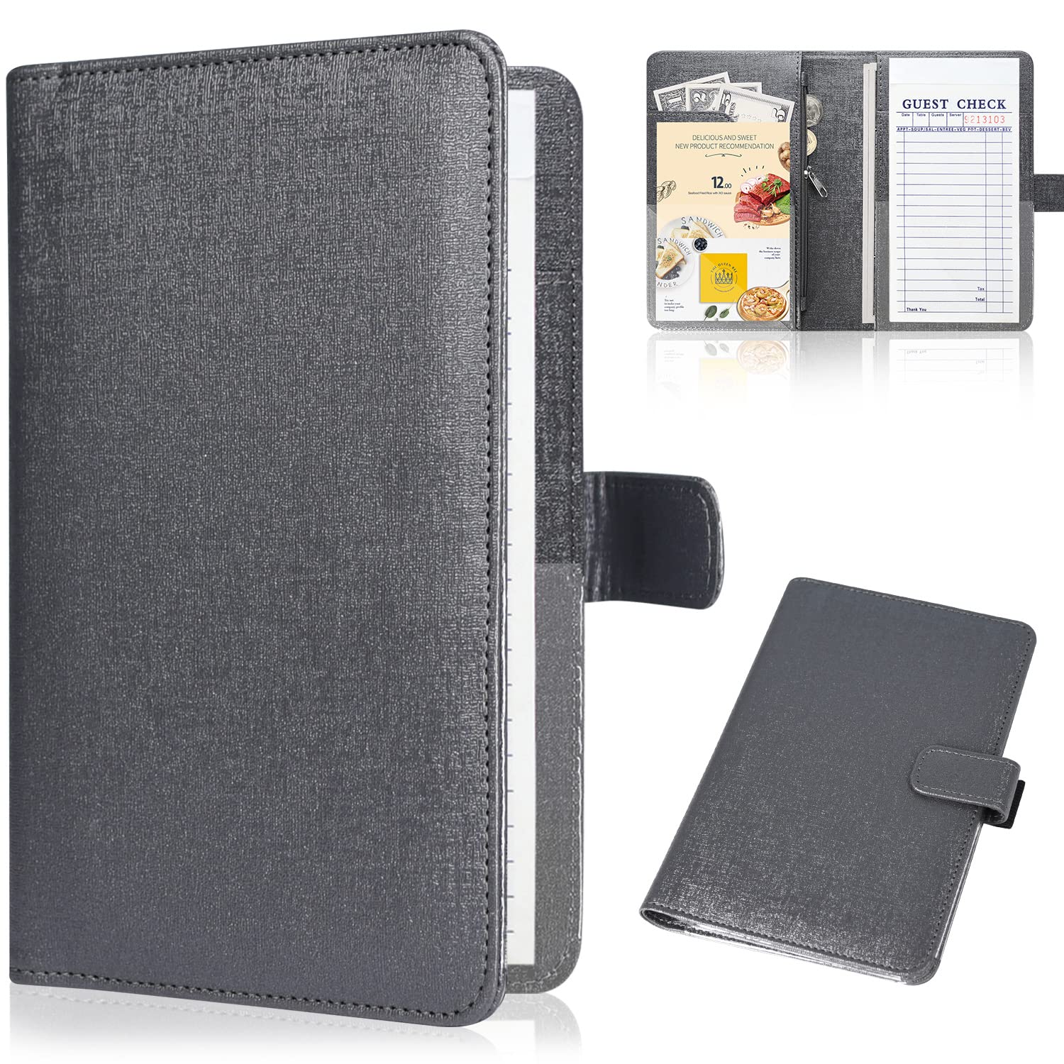 Server Book for Waitress-Leather Waitress Book Organizer with Zipper Pocket Cute Waiter Book Server Wallet with Magnetic Closure, Black
