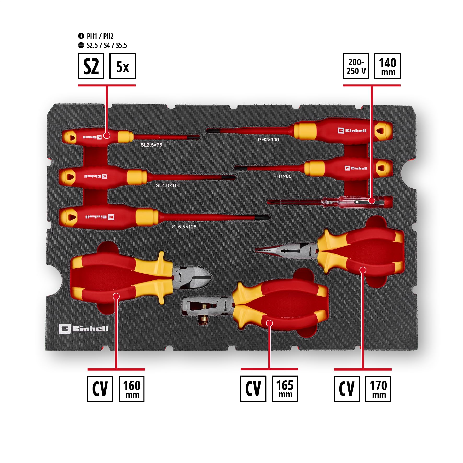 Original Einhell E-Case coffret à outils 24 pièces outils électricien (testé IEC 60900, set de pinces, set de tournevis, jeu de douilles, cliquet réversible, testeur de phase, coffret système)
