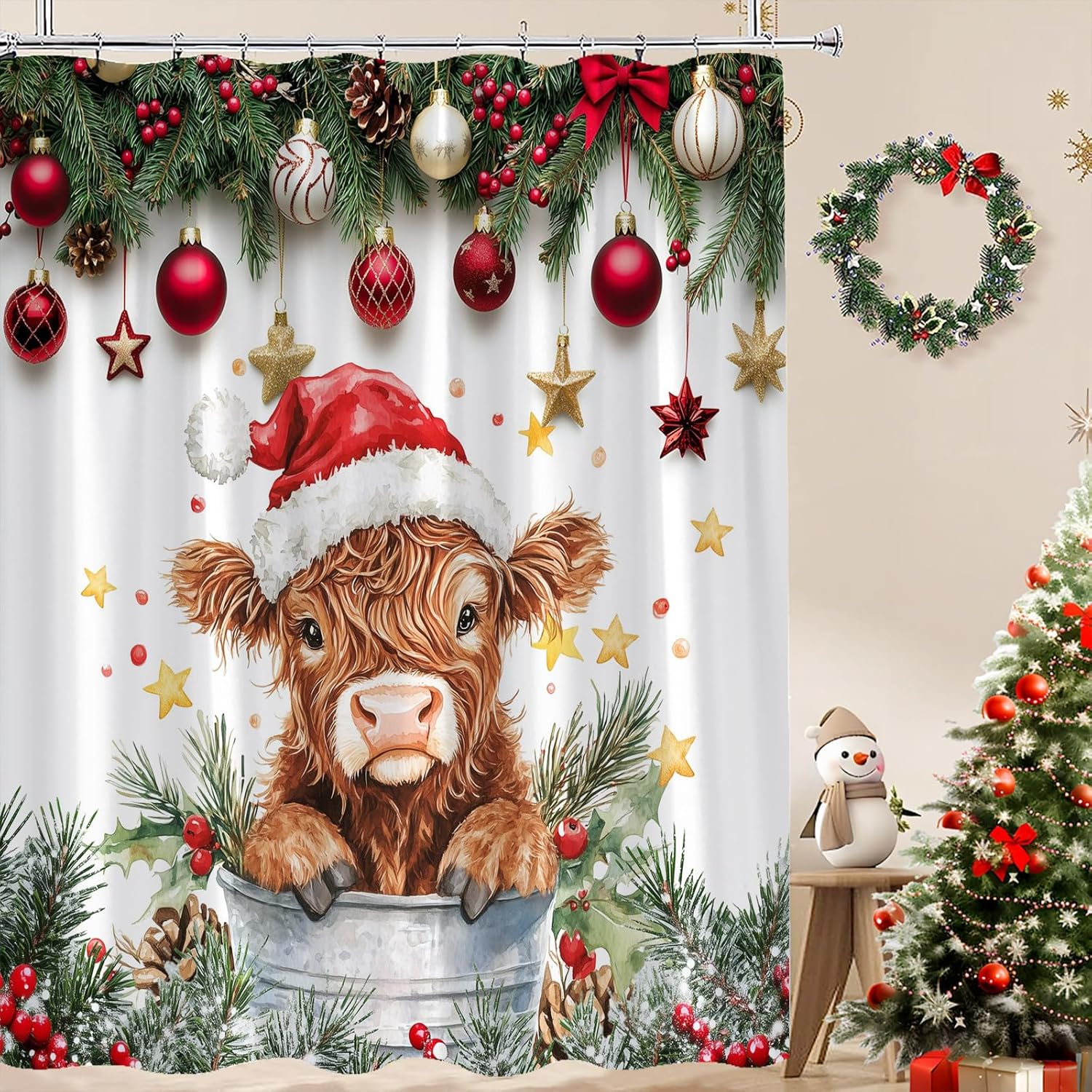 Christmas Highland Cow Shower Curtain Cute Farmhouse Animal Funny Western Winter Snow Pine Tree Xmas Ball Rustic Holiday Bath Curtain with Hooks