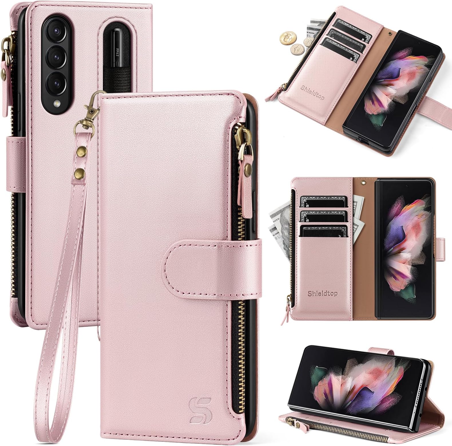 Shieldtop Compatible with Samsung Galaxy Z Fold 3 5G Wallet Case with S Pen Holder,Women Man RFID Blocking PU Leather Flip Phone Case Protective Cover Wrist Strap Credit Card Holder Slots,Rose Gold