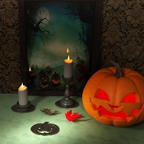 Miniatura 4 de Posavasos de madera de calabaza esta espeluznante decoración del hogar incluye 4 posavasos de calabaza aterradores, ideal para amantes de la