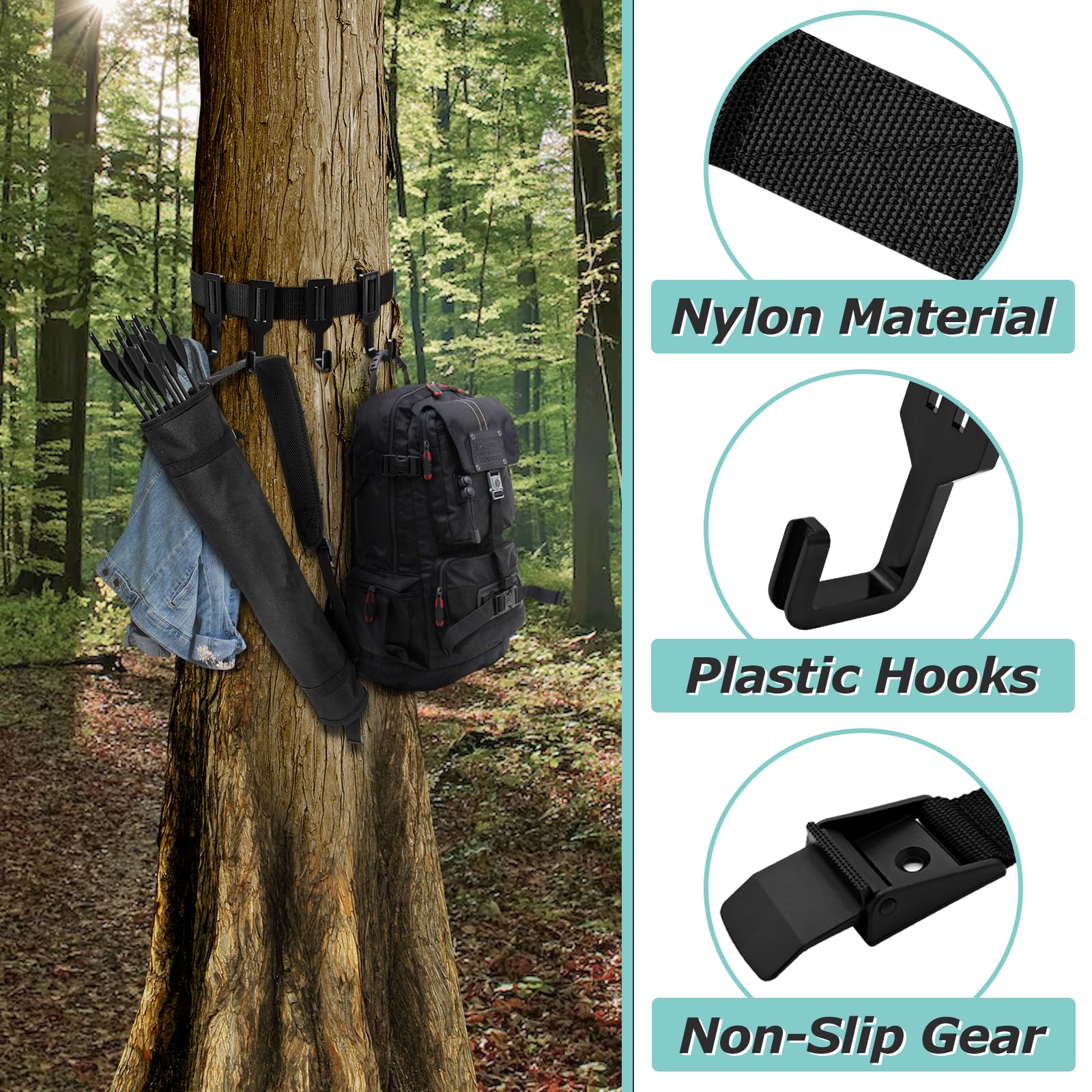 Treestand Strap Gear Hangers, desmontable árbol soporte arco durable arco caza Gear Strap con correa gruesa correa y 4 ganchos de plástico para escalada caza senderismo