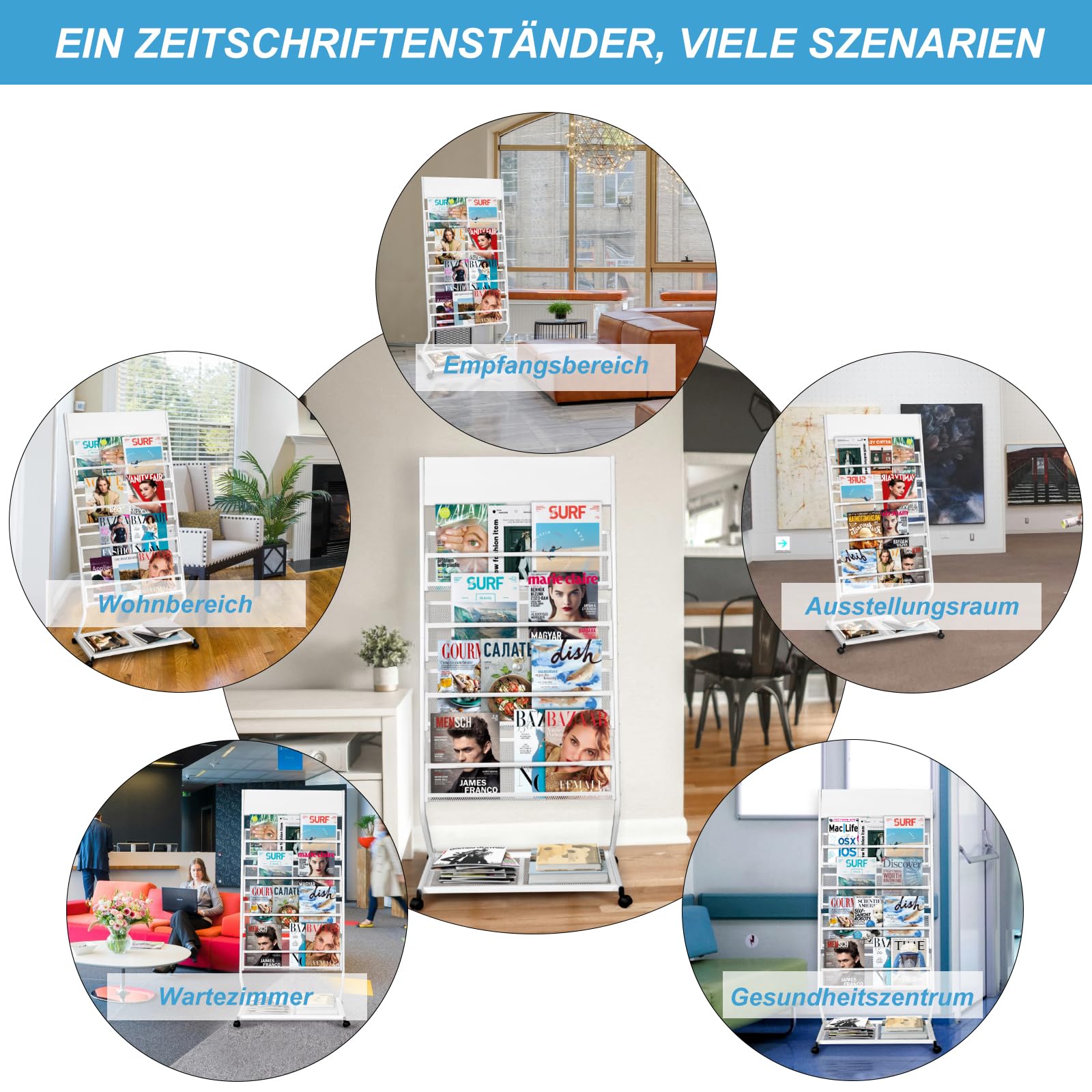 SUNDOY Prospekthalter & Zeitungsständer – Bodenstehend Schrägsteller Buchständer, Scrollen Literaturhalter für Broschüren & Magazine mit 4 Ablagen (Weiß, 4 Lagen, 59,5 cm breit)