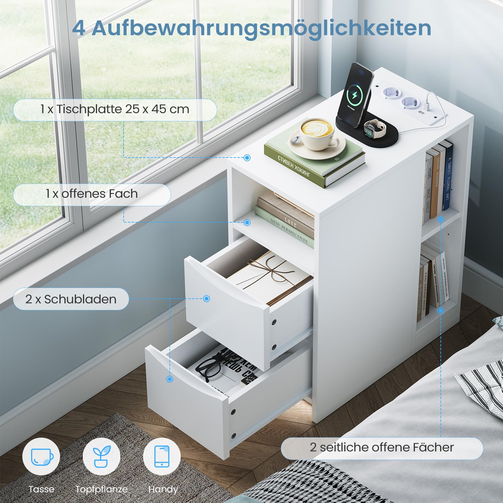 Brinlawb Nachttisch Schmal mit Ladefunktion und LED-Beleuchtung, Nachtschrank mit 3 offenen Fächern, 2 Schubladen Beistelltisch Schmal Sofatisch für Wohnzimmer, Schlafzimmer, Perfekt für kleine Ecke