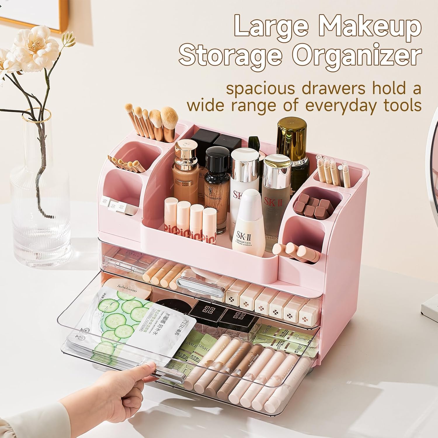 Makeup Organizer for Vanity with 2 Large Drawers, Cosmetic Display Case with Brush Holders, Easy to Storage for Bathroom Countertop Skincare, Desk Office Supplies, Pink