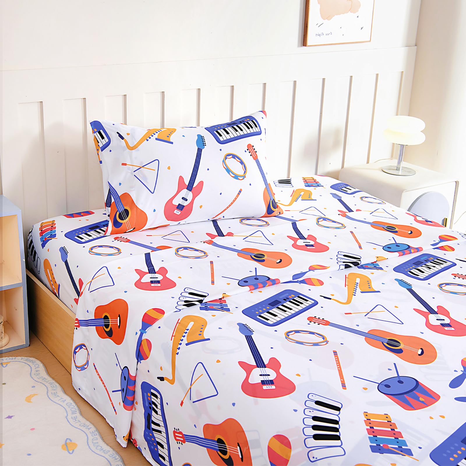 Queen Sheet Set Kids - Guitar Sachs Keyboard Drum 4 Pieces Soft Microfiber Cartoon Style Bedsheets for Boys Girls Teens, Oeko TEX Breathable 15 Inch Deep Pocket Sheets(Musicians)