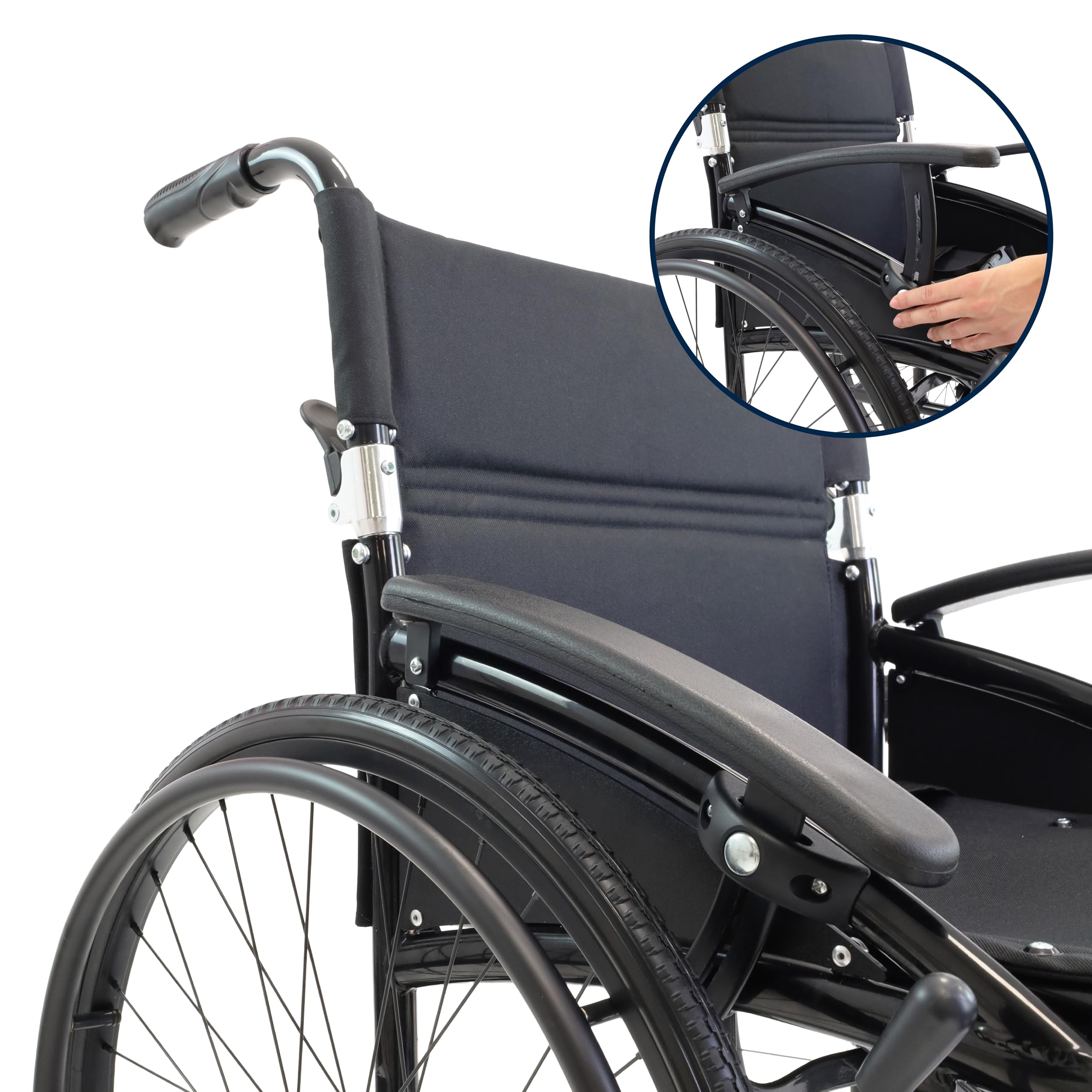KMINA Sedia a Rotelle Pieghevole Leggera in Alluminio (Seduta 46 cm), Autospinta, Schienale e Poggiapiedi Ribaltabili, Braccioli Regolabili, Cintura e Freno a Mano