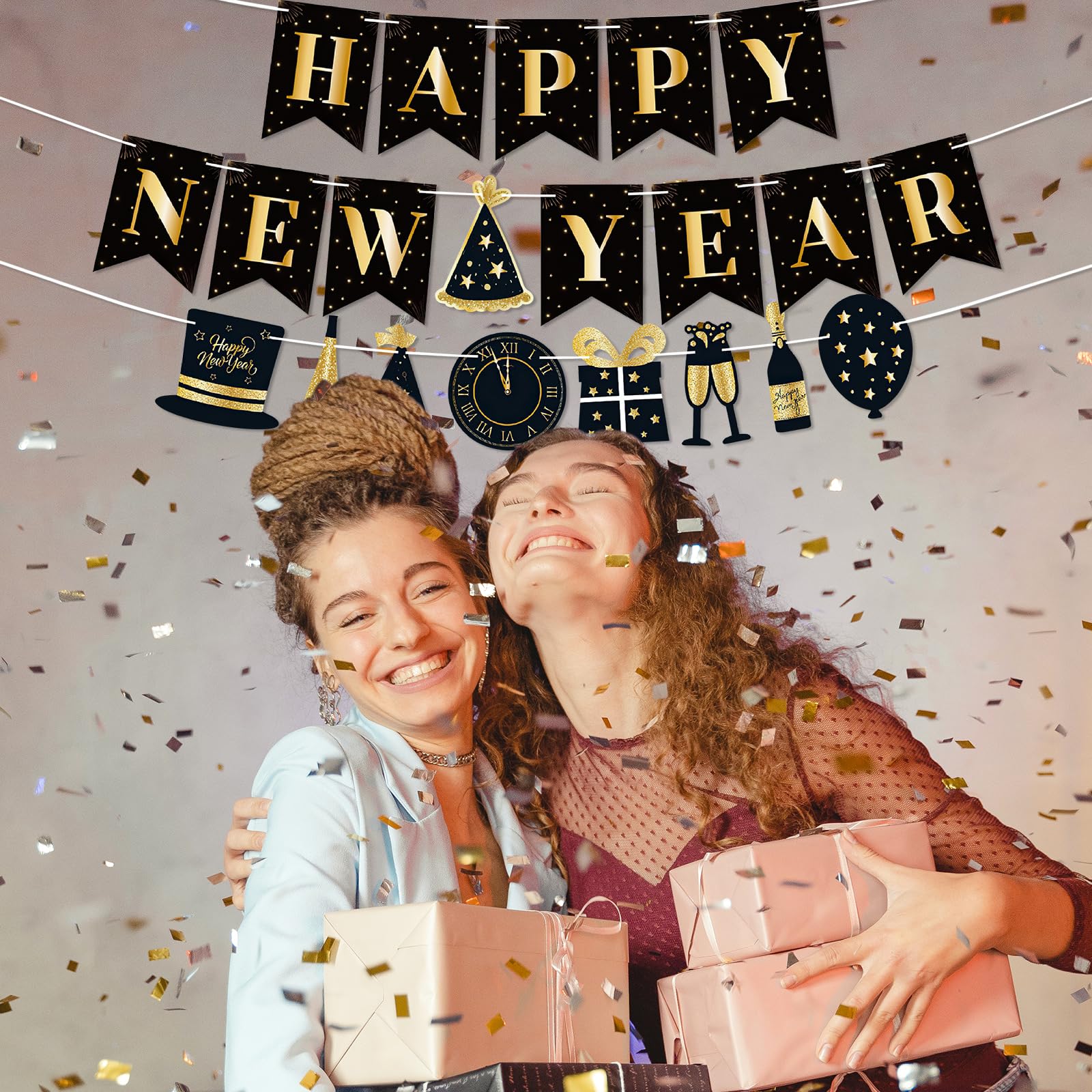 Happy New Year 2026 Banner, New Years Eve Party Decorations 2026, Glitter Black Gold Happy New Year Banner - Image 4