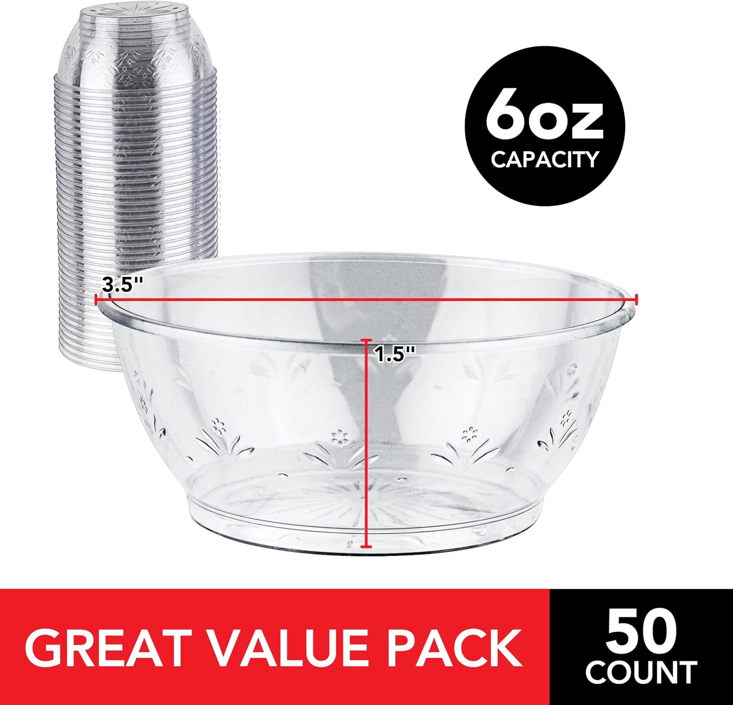 Stock Your Home 50 Count Elegant Plastic Bowls with Floral Design - 6oz Clear Single Serving Dessert Bowls for Catering