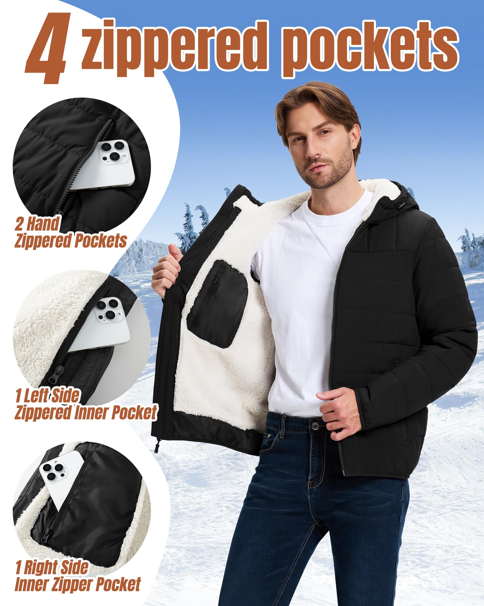 33,000ft Chaqueta de forro polar para hombre, chaqueta acolchada ligera, chaqueta cálida con capucha, cortavientos, tiempo libre, chaqueta de entretiempo, impermeable, forrada de forro polar, chaqueta