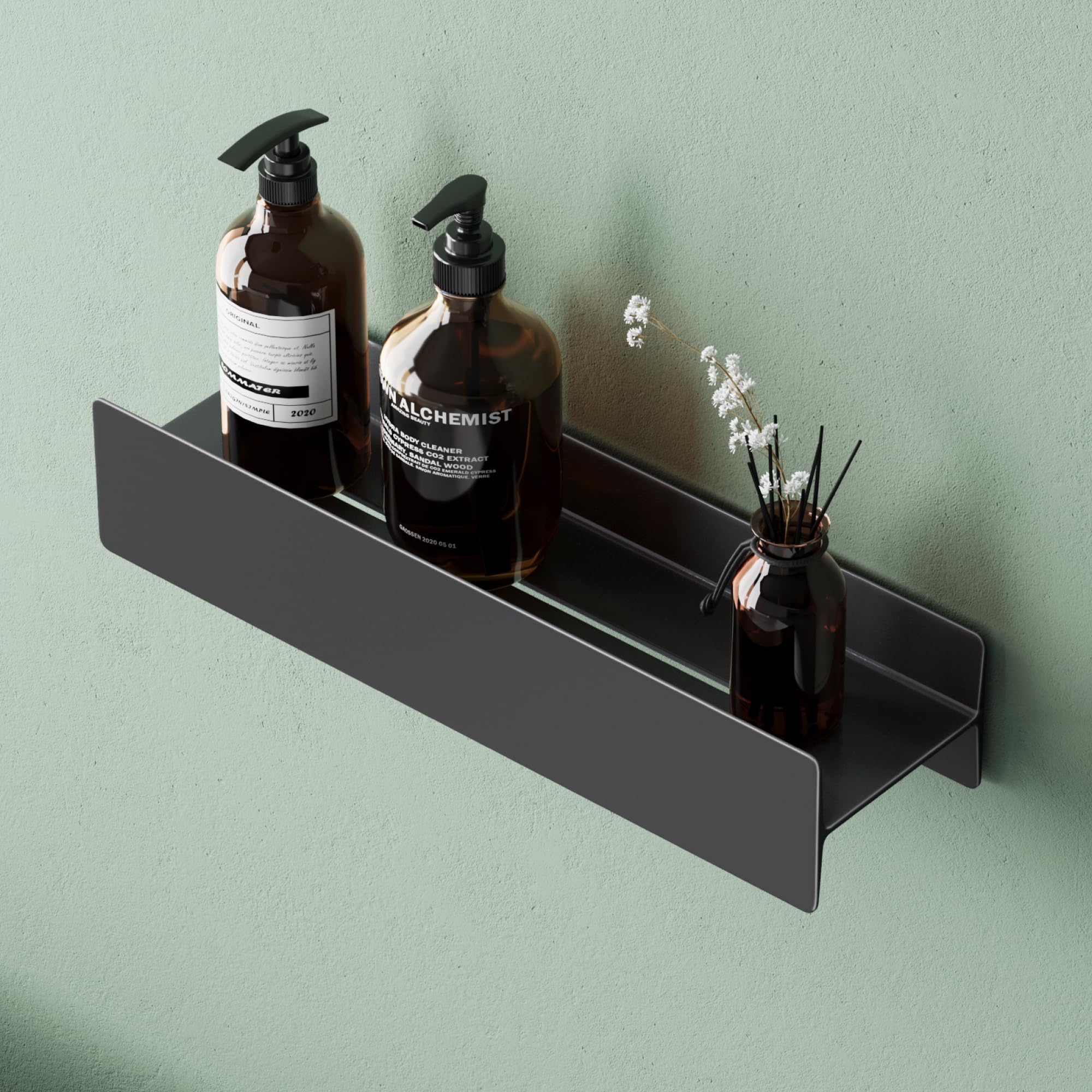 Mai & Mai Mensola da Parete Multifunzionale 40cm, Nero Opaco | Mensola per Doccia, Lega di Alluminio-Magnesio, Antiruggine Mensola da Appendere per Bagno e Cucina, Rimovibile, Reglo-03