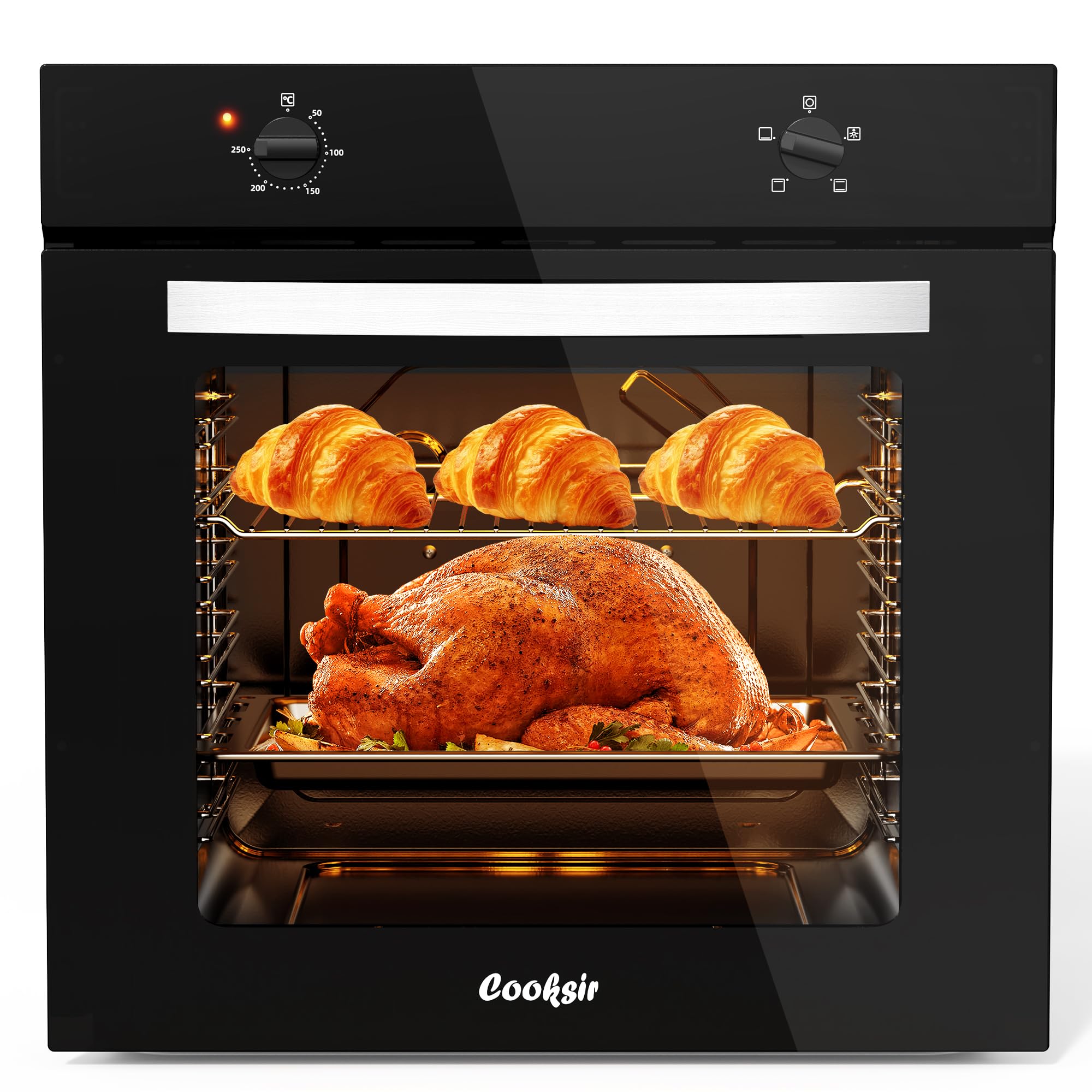 65L Built in Oven, 2000W Electric Single Oven Built in with Single Upper Tube, 4 Cooking Functions, 50℃-250℃ Knob Control, Detachable Door & Racks, Light, 6-Layer Racks