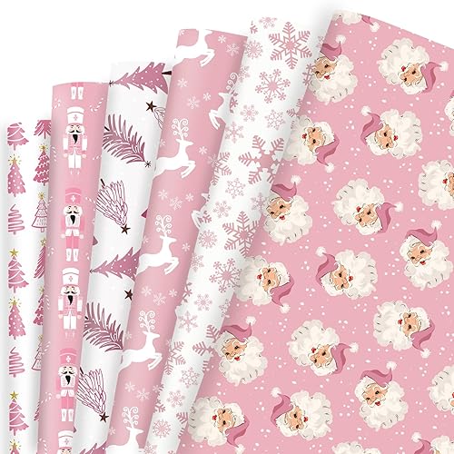 Vnaaem Pink Christmas Wrapping Paper 6 Xmas Style Bulk Santa Nutracker Christmas Trees and Reindeer Designs Folded Flat for Winter Holiday - 20 X 28 Inches (6 Folded Sheet) - Pink Christmas