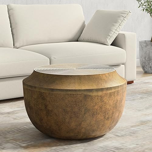 Miniatura 145 de SIMPLIHOME Johnsen - Mesa de metal, 15 pulgadas de ancho, con tambor de hierro macizo, color plata antigua con patrón tribal, mesa auxiliar redonda