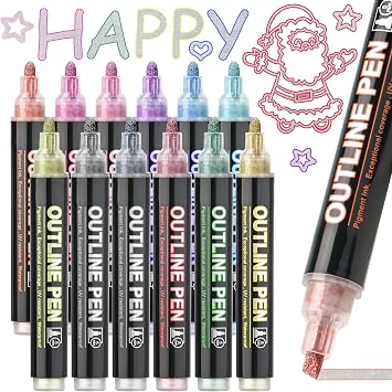 ZSCM Stocking Stuffers, Larger Shimmer Outline Markers, Christmas Stocking Stuffers, 12 Metallic Glitter Pens for Christmas Gifts, Coloring Arts Supplies