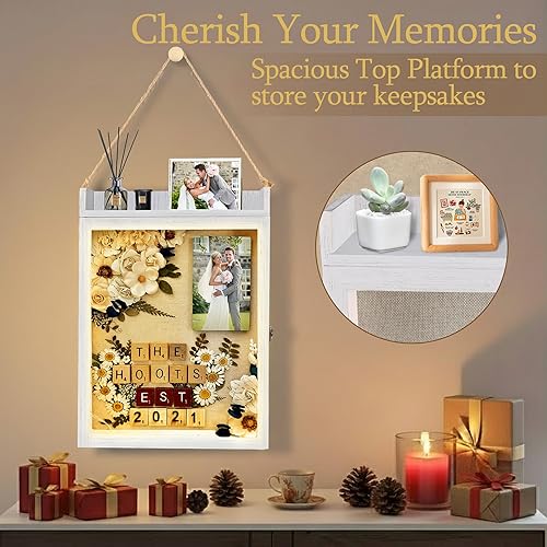 Vista 32 de Marco de caja de sombra de 11 x 16 pulgadas con luz, vitrina conmemorativa con estantes, cajón y ranura para recuerdos, caja grande de sombra Negro