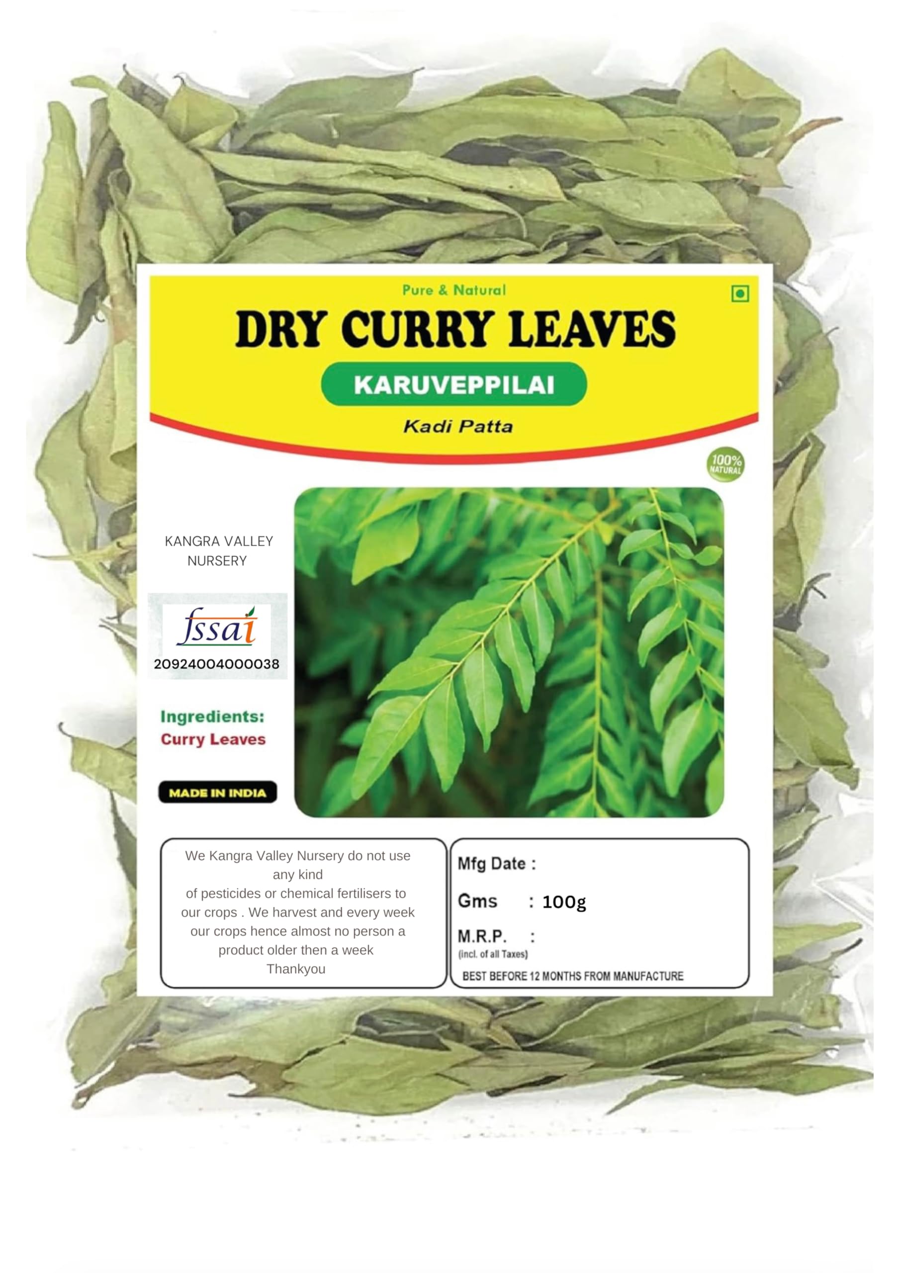 KANGRA VALLEY NURSERY Dry Curry Leaves (100 Gram) Karuveppillai Dried Leaves,Dry Karuveppillai Leaves,Dry Kadi Patta,Murrya Koenigii,Curry Leaf For Eating, Cooking, 100G (Pack Of 1 X 100G)
