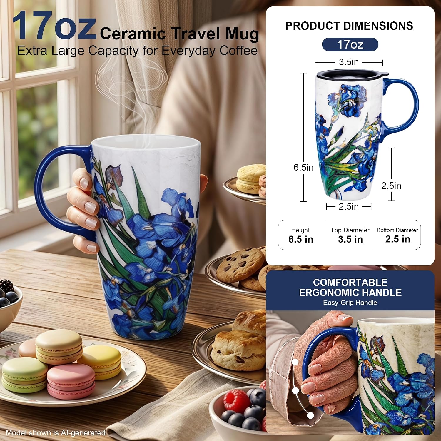 Topadorn 17oz Ceramic Travel Mug with Lid & Gift Box, Van Gogh Irises Mug