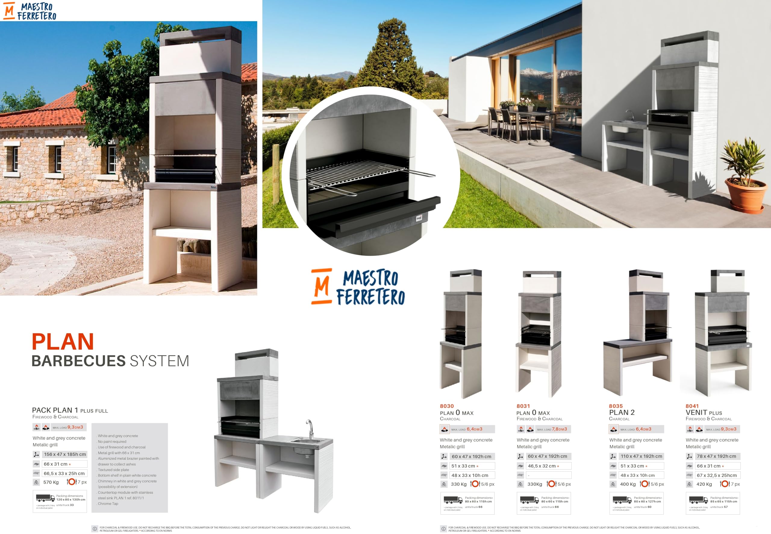 TUOZI - Barbacoa de Obra para Carbón Modelo PLAN 0 MAX (Gris/Blanco - 59 x 47 x 192 cm) REF: 8030 - Uso en Exteriores
