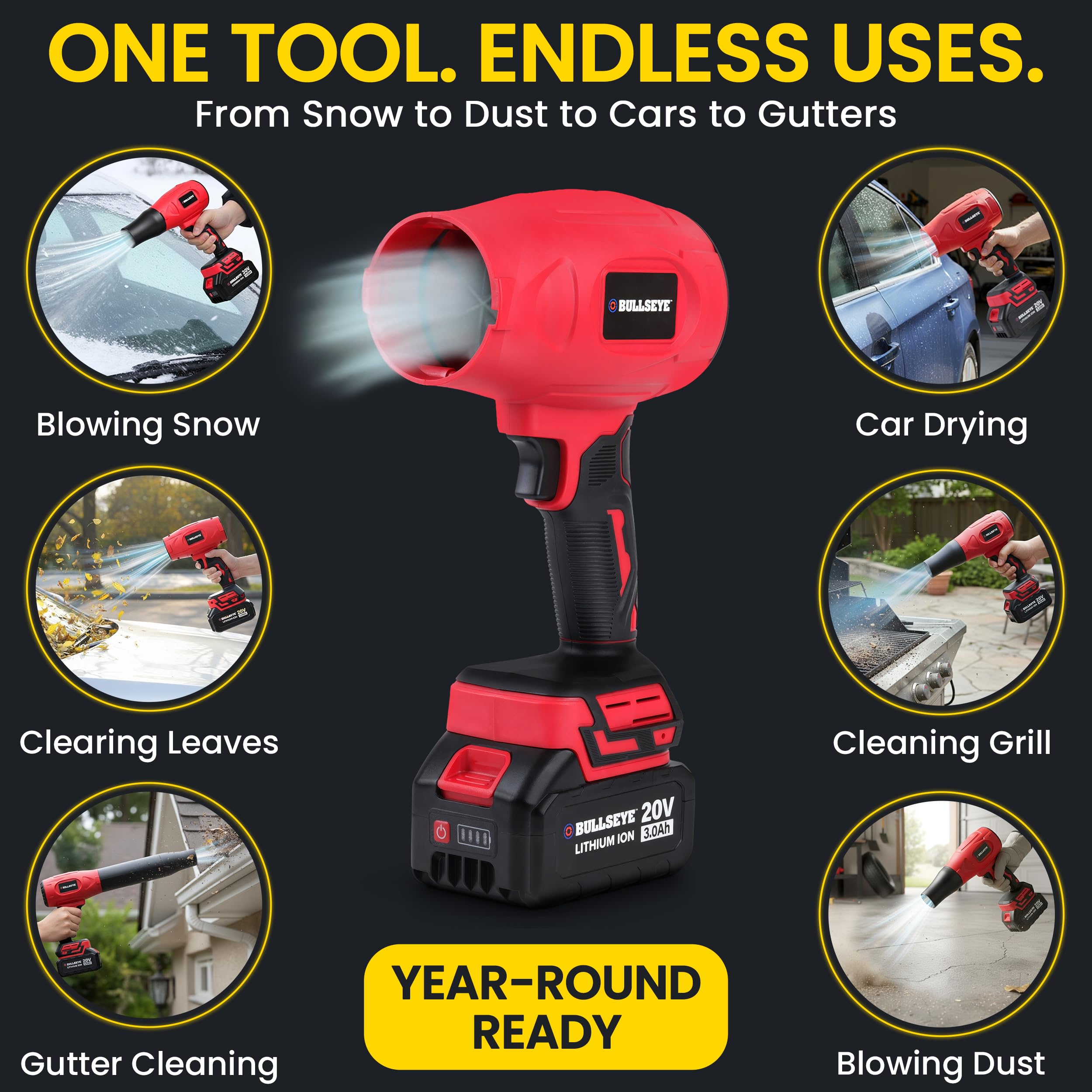 Bullseye - Soffiatore per foglie senza fili, mini turbo jet portatile con 2 batterie, 20 V 350 W, alimentazione elettrica per patio, pulizia garage e asciugatura auto, come visto in TV